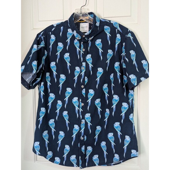 Denim & Flower Ricky Singh Shirt Mens Large Slim Fit Hawaiian Navy Parrot Cotton - Picture 1 of 7